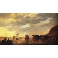 Herdsman with Cows by a River