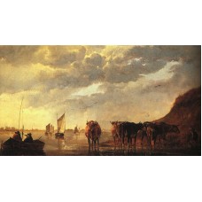 Herdsman with Cows by a River