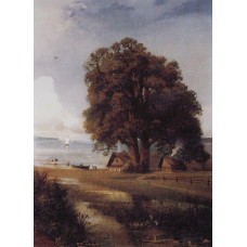 Landscape with a farm near lake