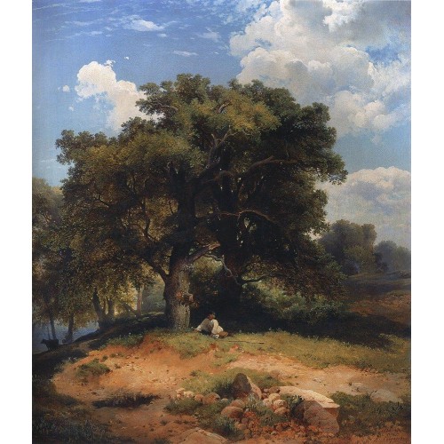 Landscape with oak trees and shepherd