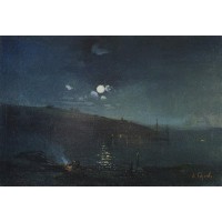 Moonlit night landscape with fire