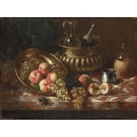 Peaches, grapes, carafes and a cup on a table