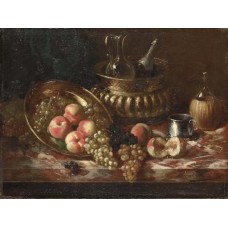 Peaches, grapes, carafes and a cup on a table