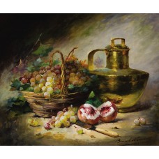 Still life with grapes, peaches and a copper