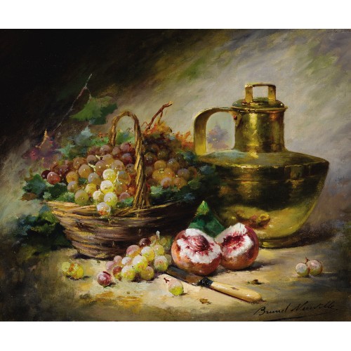 Still life with grapes, peaches and a copper