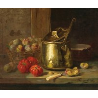 Still life with plums, tomatoes and pot