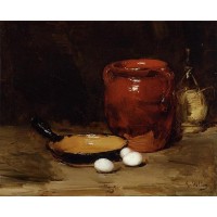 Still Life with a Pen Jug Bottle and Eggs on a Table