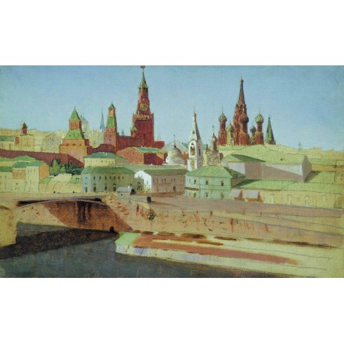 View of the moskvoretsky bridge the kremlin and the pokrovsky cathedral 1882