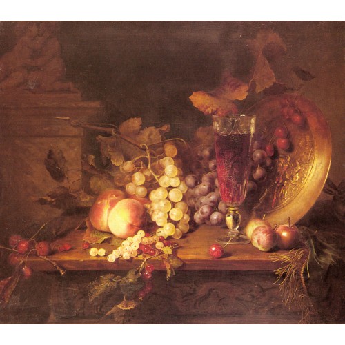 Still Life with Fruit a Glass of Wine and a Bronze Vessel o