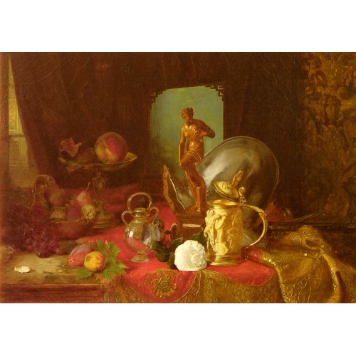 Still Life with Fruit Objets d'Art and a White Rose on a Ta