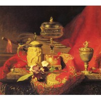 Still Life with Iris And Urns On A Red Tapestry