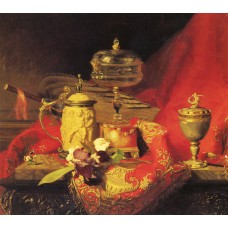 Still Life with Iris And Urns On A Red Tapestry