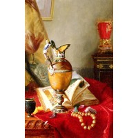 Still Life with Urns And Illuminated Manuscript On A Draped 