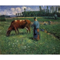 Girl Tending a Cow in a Pasture