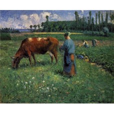 Girl Tending a Cow in a Pasture