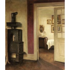 An Interior with a Stove and a View into a Dining Room