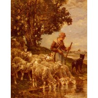 A Shepherdess Watering Her Flock