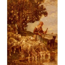 A Shepherdess Watering Her Flock