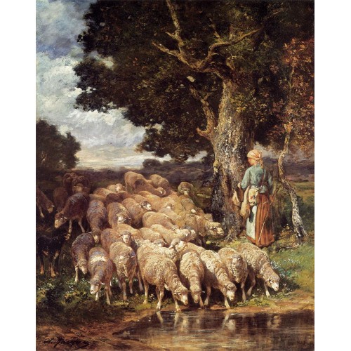 A Shepherdess with her Flock near a Stream