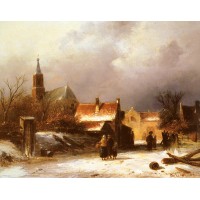 Figures on a snow covered Path with a Dutch Town beyond