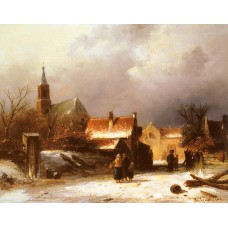 Figures on a snow covered Path with a Dutch Town beyond