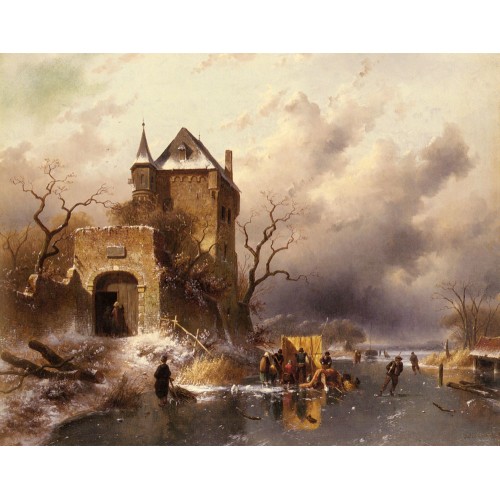 Skaters on a Frozen Lake by the Ruins of a Castle