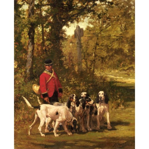 A Huntmaster with his Dogs on a Forest Trail