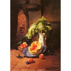 A Still Life With A White Porcelain Pitcher Fruit And Veget