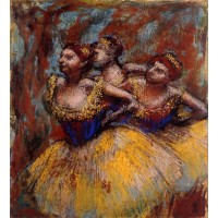 Three Dancers Yellow Skirts Blue Blouses