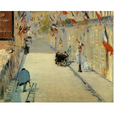 Rue Mosnier Decoreted with Flags with a Man on Crutches