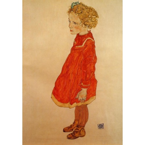 Little Girl with Blond Hair in a Red Dress