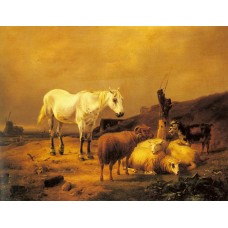 A Horse Sheep and a Goat in a Landscape