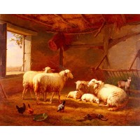 Sheep With Chickens And A Goat In A Barn