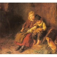 Two Children Playing with Rabbits