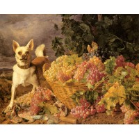 A Dog By A Basket Of Grapes In A Landscape