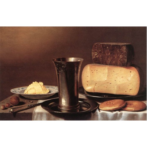 Still life with Glass Cheese Butter and Cake