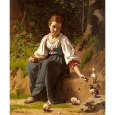 A Young Girl feeding Baby Chicks