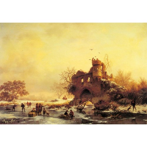 Winter Landscape with Skaters on a Frozen River beside Castl