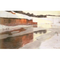 A Factory Building near an Icy River in Winter