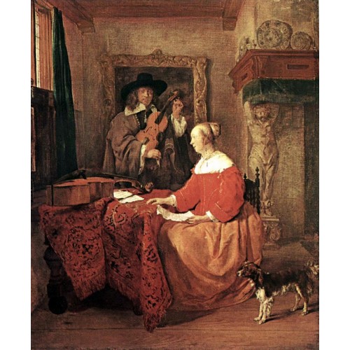 A Woman Seated at a Table and a Man Tuning a Violin