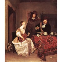 A Young Woman Playing a Theorbo to Two Men