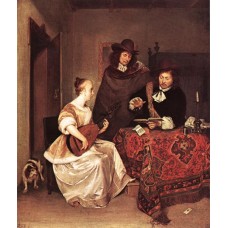 A Young Woman Playing a Theorbo to Two Men