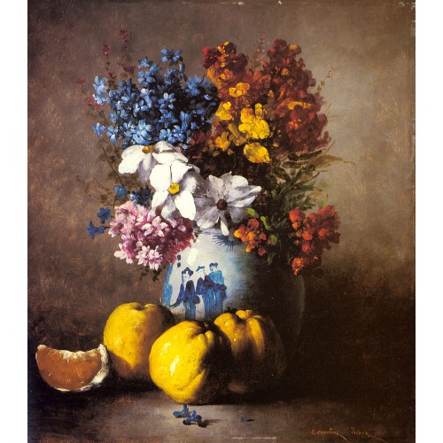 A Still Life with a Vase of Flowers and Fruit