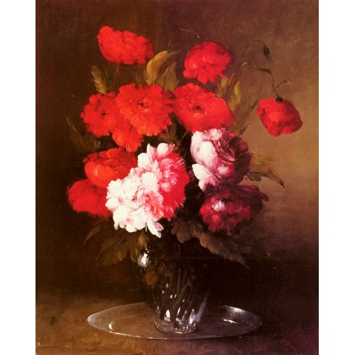 Pink Peonies and Poppies in a Glass Vase