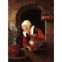 Old Woman Watering Flowers