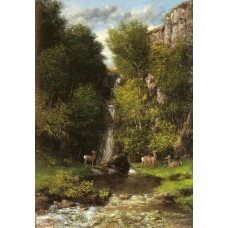 A Family of Deer in a Landscape with a Waterfall