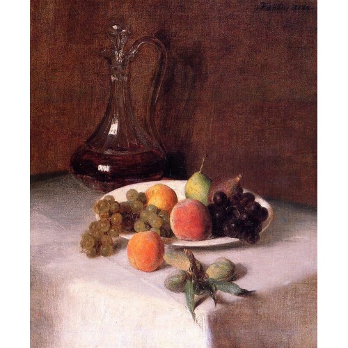 A Carafe of Wine and Plate of Fruit on a White Tablecloth