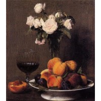 Still Life with Roses Fruit and a Glass of Wine