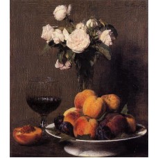 Still Life with Roses Fruit and a Glass of Wine