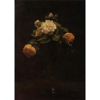 White and Yellow Roses in a Tall Vase